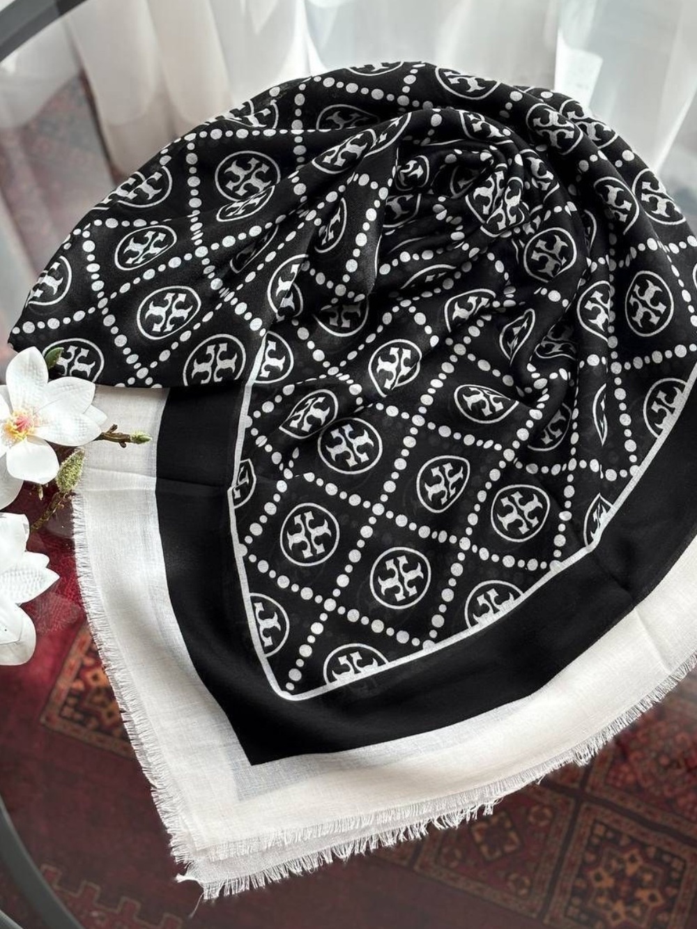 TB cotton blend Monogram printed square scarf 50” x 50”